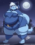  2018 4_toes anthro azure_(nekocrispy) belly big_breasts blue_eyes blue_nose breasts cat clothed clothing digital_media_(artwork) feline female full_moon hair mammal moon nekocrispy night obese obese_female overweight overweight_female signature sky slit_pupils solo star starry_sky thick_thighs toes url white_hair 