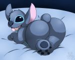  2017 alien bed black_eyes blue_fur blue_nose butt claws digital_drawing_(artwork) digital_media_(artwork) disney experiment_(species) fur lilo_and_stitch looking_at_viewer lying male nude on_bed on_front open_mouth presenting presenting_hindquarters sharp_teeth signature slightly_chubby smile solo stitch teeth toe_claws tongue wafflefox young 