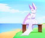  anthro bat bench big_breasts blush breasts butt eyes_closed fangs female food hi_res mammal nipples nude outside popsicle rear_view seaside smile solo thick_thighs twistedlilheart voluptuous water winged_arms wings 