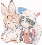  animal_ear_fluff animal_ears backpack bag bare_shoulders belt black_hair blonde_hair blush closed_eyes commentary elbow_gloves eyebrows_visible_through_hair feathers gloves hat helmet high-waist_skirt highres holding_strap kaban_(kemono_friends) kemono_friends laughing looking_at_another multicolored_hair multiple_girls pith_helmet serval_(kemono_friends) serval_ears serval_print serval_tail shirt short_hair short_sleeves skirt sleeveless t-shirt tail waterliryppp 