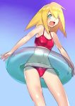  artist_request bangs bikini blonde_hair blue_background blush breasts cowboy_shot gradient gradient_background green_eyes hair_between_eyes innertube legs_apart long_hair medium_breasts navel ocean one_eye_closed open_mouth red_bikini rockman rockman_dash roll_caskett smile solo source_request standing swimsuit tankini 