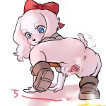  anthro anus black_nose blue_eyes blush bottomless bow canine clothed clothing dog fay_spaniel female fur long_ears mammal midara nintendo peeing pussy simple_background solo star_fox urine video_games watersports white_background white_fur 