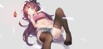  black_bow black_legwear bow breasts commentary_request cutoffs denim denim_shorts grey_background hair_bow long_hair lying mahou_shoujo_madoka_magica navel on_back purple_eyes purple_hair sakura_kyouko shorts small_breasts solo soul_gem thighhighs thighs yuugen 