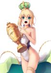  absurdres ahoge artoria_pendragon_(all) artoria_pendragon_(swimsuit_archer) bangs blonde_hair blush boa_(brianoa) cape_removed casual_one-piece_swimsuit cowboy_shot crown fate/grand_order fate_(series) green_eyes hair_bun highres holding long_hair looking_at_viewer one-piece_swimsuit open_mouth simple_background smile solo swimsuit trophy white_background white_swimsuit 