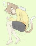  animal_ear_fluff animal_ears barefoot bike_shorts brown_hair cat_ears closed_eyes commentary_request hood hoodie lying minato_nao on_side original simple_background sleeping solo tail 
