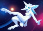  2018 3_toes 5_fingers anthro blue_eyes blue_tongue cosmic_background digital_media_(artwork) hair kyander no_sclera nude open_mouth smile solo space teeth toes tongue unknown_species white_hair 