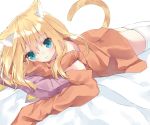  :t animal_ear_fluff animal_ears aqua_eyes bangs bare_shoulders bed_sheet blonde_hair blush cat_ears cat_girl cat_tail closed_mouth commentary_request eyebrows_visible_through_hair hair_between_eyes hamaru_(s5625t) head_tilt long_hair long_sleeves looking_at_viewer lying off_shoulder on_stomach orange_shirt original pillow pout shirt sleeves_past_fingers sleeves_past_wrists solo tail tail_raised thighhighs white_legwear 