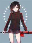  artist_name bad_id bad_twitter_id black_hair crescent_rose ecru grin gym_shorts gym_uniform looking_at_viewer multicolored_hair pants red_hair ruby_rose rwby shorts silver_eyes smile solo thighs torn_clothes torn_pants twitter_username two-tone_hair weapon weapon_on_back 