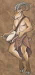  2018 5_fingers abs anthro caprine clothed clothing curved_horn digital_media_(artwork) ear_piercing fur goat holding_object hooves horn male mammal piercing rukis simple_background solo standing tan_fur 