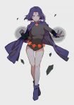  ankle_boots belt blush boots breasts bridal_gauntlets brooch cape clenched_hand commentary dc_comics english_commentary floating_rock forehead_jewel full_body grey_background jewelry jiayue_wu leotard long_sleeves looking_at_viewer magic medium_breasts orb purple_hair raven_(dc) short_hair solo superhero teen_titans 