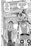  anthro breasts cat cheetah cleavage clothed clothing daigaijin dress ear_piercing english_text feline female furryfight_chronicles greyscale jewelry male mammal monochrome necklace nyarai_(furryfight_chronicles) piercing ring shun_gonfano smile suit text 
