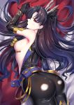 ass black_gloves black_hair black_legwear blush breasts commentary earrings elbow_gloves fate/grand_order fate_(series) fine_fabric_emphasis gloves ishtar_(fate/grand_order) jewelry latex latex_gloves long_hair open_mouth red_eyes shiny shiny_skin sideboob solo tiara traditional_media twintails watercolor_pencil_(medium) zha_yu_bu_dong_hua 
