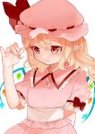  alternate_costume arm_behind_back bad_id bad_twitter_id bangs blonde_hair blush commentary_request crystal dress eyebrows_visible_through_hair flandre_scarlet frilled_shirt_collar frills gotoh510 hair_between_eyes hand_up hat hat_ribbon highres long_hair mob_cap one_side_up pink_dress pink_hat pointy_ears puffy_short_sleeves puffy_sleeves red_eyes red_ribbon ribbon short_sleeves solo touhou upper_body white_sash wings 
