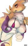  anthro armwear big_breasts bikini black_sclera breasts buried_frog chest_tuft clothed clothing digimon elbow_gloves female gloves looking_at_viewer markings navel open_mouth renamon skimpy sweat swimsuit tuft 
