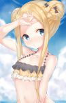  :o abigail_williams_(fate/grand_order) arm_up bangs bare_arms bare_shoulders bikini black_bikini black_bow blonde_hair blue_eyes blue_sky blush bow cloud cloudy_sky collarbone commentary_request day double_bun emerald_float eyebrows_visible_through_hair fate/grand_order fate_(series) fingernails hair_bow hand_on_own_forehead head_tilt horizon long_hair looking_at_viewer navel nose_blush ocean orange_bow outdoors parted_bangs parted_lips parusu_(ehyfhugj) side_bun sidelocks sky solo sweat swimsuit upper_body very_long_hair water 