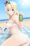 ass beach bikini blanket blonde_hair blue_eyes blue_sky blush braid breasts commentary_request crown cup day drinking_straw eyebrows_visible_through_hair french_braid from_behind hair_between_eyes highres kantai_collection kodama_(user_rnfr3534) large_breasts long_hair looking_at_viewer lotion lying mini_crown ocean open_mouth outdoors sky solo sun sunglasses sunlight sunscreen swimsuit warspite_(kantai_collection) white_bikini 