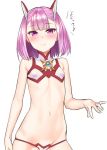  bare_arms bare_shoulders blush breasts commentary covered_nipples eyebrows_visible_through_hair fate/grand_order fate_(series) helena_blavatsky_(fate/grand_order) helena_blavatsky_(swimsuit_archer)_(fate) kanzaki_muyu looking_at_viewer navel purple_eyes purple_hair short_hair simple_background small_breasts smile solo stomach translated white_background 