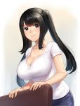  arm_support bangs black_eyes black_hair blush breasts brown_eyes cleavage closed_mouth collarbone commentary english_commentary gradient gradient_background highres large_breasts leaning_forward long_hair looking_at_viewer mole mole_under_eye natsuyu no_bra original shiny shiny_hair shirt short_sleeves sidelocks smile solo twintails upper_body white_shirt 