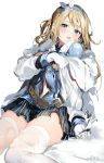  bangs belt blonde_hair blue_eyes blush coat commentary_request dated eyebrows_visible_through_hair fur_trim girls_frontline gloves hairband half-closed_eyes highres long_hair looking_at_viewer miniskirt open_mouth sidelocks sitting sketch skirt solo suomi_kp31_(girls_frontline) tears thighhighs thighs torn_clothes torn_legwear torn_skirt two_side_up umibouzu_(niito) uniform white_gloves 