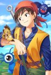  animal_on_arm bag bandana belt blue_sky blue_tunic brown_hair character_request cheese day dragon_quest dragon_quest_viii drakee food handbag hero_(dq8) highres male_focus mountain mouse outdoors road sky smile standing sword weapon 