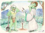  anthro baroque_(artist) caprine clothed clothing dragon eyes_closed fur goat green_fur hooves kemono mammal one_eye_closed planting scalie shovel smile tobe topless tree 