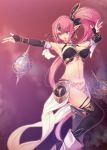  bare_shoulders boots breasts choker commentary_request elbow_gloves elf fingerless_gloves gloves highres kirishima_satoshi large_breasts long_hair navel orb original pink_hair pointy_ears ponytail pubic_tattoo purple_eyes solo tattoo thighhighs 