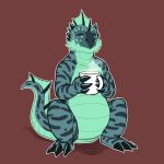  belly beverage claws coffee cup dragon frill happy hi_res horn mint_(character) nameless00 scalie slightly_chubby smile solo 