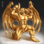  abs balls bronze censored dragon erection hanagasa metal muscular pecs penis petrification sculpture shiny statue wings 