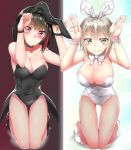  animal_ears aoba_moka bang_dream! bare_shoulders black_choker black_clothes black_footwear black_hair black_wristband blush blush_stickers bow bowtie breasts bunny_ears bunny_pose bunnysuit choker cleavage column_lineup commentary_request embarrassed fishnet_pantyhose fishnets frown green_eyes grin hairband kneeling large_breasts machorin mitake_ran multicolored_hair multiple_girls pantyhose red_eyes red_hair short_hair silver_hair smile streaked_hair tears tied_ears white_bow white_footwear white_neckwear white_wristband wristband 
