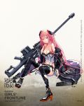  anti-materiel_rifle arm_support bangs barrett_m82 black_bra black_gloves black_legwear boots bra bra_peek breasts bullet character_name cleavage coat collarbone copyright_name cross-laced_footwear crossed_bangs damaged eyes_visible_through_hair fingerless_gloves garter_straps girls_frontline gloves gradient_hair gun hair_between_eyes head_tilt headgear high_heel_boots high_heels highres holster hood hood_down hooded_coat knees_up lace-up_boots large_breasts logo long_coat long_hair long_jacket m82a1_(girls_frontline) midriff miniskirt multicolored_hair nail_polish off_shoulder open_clothes open_coat parted_lips pink_eyes pink_hair pink_nails pouch redjuice rifle scope shoes sidelocks sitting skindentation skirt sleeves_rolled_up sniper_rifle solo strapless thigh_holster thigh_strap thighhighs torn_clothes torn_coat torn_legwear tripod tubetop underwear very_long_hair weapon white_tubetop 