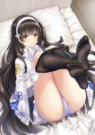  artist_name ass bangs black_hair black_legwear blunt_bangs bow bow_removed closed_mouth collared_coat commentary_request crossed_legs dress eyebrows_visible_through_hair feet flower girls_frontline gloves hair_flower hair_ornament hairband haneru head_on_pillow highres indoors legs_up long_hair looking_at_viewer lying no_shoes on_back on_bed panties pantyhose pantyhose_pull pillow pulled_by_self qbz-95_(girls_frontline) shiny shiny_hair smile soles solo straight_hair underwear very_long_hair white_bow white_coat white_dress white_gloves white_hairband white_panties white_pillow wooden_floor yellow_eyes 