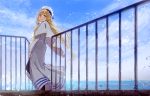  910_(kujyoo910) alicia_florence aria beret blonde_hair blue_eyes blue_sky braid capelet closed_mouth cloud day dress from_below from_side hat long_hair long_sleeves single_braid sky smile solo white_dress white_hat 