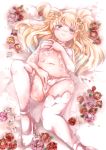  bad_id bad_leg bad_pixiv_id blonde_hair blush bra brown_eyes flower hair_flower hair_ornament highres liliokajrozo long_hair looking_at_viewer lying masturbation masturbation_through_clothing navel on_back original parted_lips petals pink_bra shoes underwear white white_legwear 