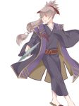  fan fire_emblem fire_emblem_heroes fire_emblem_if highres holding holding_fan japanese_clothes kimono looking_at_viewer male_focus ponytail renkonmatsuri sandals simple_background smile solo takumi_(fire_emblem_if) white_background white_hair yellow_eyes 