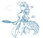  2017 anthro apron breasts butt butt_pose canine casual_nudity clothing cooking dialogue english_text feline female food frying_pan fur holding_object hybrid kathrin_(twokinds) keidran looking_at_viewer looking_back mammal monochrome mostly_nude naked_apron rear_view side_boob simple_background sketch smile solo spots spotted_fur steak text tom_fischbach twokinds webcomic white_background 