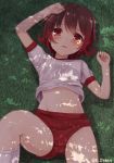  brown_hair buruma dappled_sunlight gradient_hair grass gym_uniform kantai_collection kneehighs looking_at_viewer lying midriff multicolored_hair mutsuki_(kantai_collection) navel ootori_(kyoya-ohtori) red_buruma red_eyes red_hair shirt shirt_lift short_hair solo sunlight twitter_username white_legwear white_shirt 