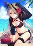  arm_support beach belt bikini black_bikini black_gloves blue_sky breasts closed_mouth cloud commentary_request day eyebrows_visible_through_hair fate/grand_order fate_(series) flower gloves hand_on_headwear hat hat_flower jeanne_d'arc_(alter_swimsuit_berserker) jeanne_d'arc_(fate)_(all) leg_belt long_hair long_sleeves looking_at_viewer medium_breasts navel o-ring o-ring_bikini ocean red_legwear shrug_(clothing) silver_hair single_thighhigh sitting sky solo straw_hat sun_hat swimsuit thighhighs yamyom yellow_eyes 