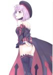  1girl adjusting_clothes artist_request ass back backless_outfit bare_shoulders blush breasts detached_sleeves dress fate/grand_order fate_(series) hat helena_blavatsky_(fate/grand_order) open_mouth purple_eyes purple_hair shiny shiny_hair shiny_skin short_dress short_hair sideboob small_breasts solo thighhighs 