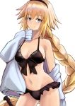  bangs bare_shoulders bikini black_bikini blonde_hair blue_eyes blue_hoodie blush braid breasts cleavage closed_mouth collarbone commentary_request cowboy_shot eyebrows_visible_through_hair fate/grand_order fate_(series) frilled_bikini_bottom front-tie_bikini front-tie_top hairband highres jacket jeanne_d'arc_(fate)_(all) jeanne_d'arc_(swimsuit_archer) large_breasts long_hair long_sleeves looking_at_viewer sidelocks simple_background smile solo standing swimsuit very_long_hair white_background yuuka_(a0240765) 