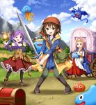  :d ;d bag bandana bare_shoulders belt blue_sky boots breasts brown_hair cloud commentary_request cosplay crown day dragon_quest dragon_quest_viii drakee fang fireball green_eyes hero_(dq8) hero_(dq8)_(cosplay) highres hiiragi_kagami jessica_albert jessica_albert_(cosplay) king_slime knee_boots knees_together_feet_apart kusakabe_misao light_brown_hair long_hair lucky_star medea medea_(cosplay) minegishi_ayano mountain multiple_girls off-shoulder_shirt off_shoulder one_eye_closed open_mouth pantyhose pouch purple_eyes purple_hair ruu_(tksymkw) shirt short_hair sky slime_(dragon_quest) smile sword treasure_chest wagon weapon whip 