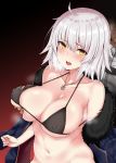  1girl ahoge bikini black_bikini black_jacket blush breast_grab breasts coat covered_nipples fate/grand_order fate_(series) fur-trimmed_coat fur_trim grabbing grabbing_from_behind heavy_breathing jacket jeanne_d'arc_(alter)_(fate) jeanne_d'arc_(fate)_(all) large_breasts mitsukazu_(nijigen_complex) navel open_clothes open_coat open_mouth short_hair silver_hair swimsuit wicked_dragon_witch_ver._shinjuku_1999 yellow_eyes 