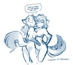  2018 anthro blush breast_squish breasts breasts_frottage butt canine casual_nudity dialogue duo embarrassed english_text featureless_crotch feline female female/female fox fur gloves_(marking) hair hand_on_hip hi_res hybrid kathrin_(twokinds) keidran looking_at_viewer mammal markings mike_(twokinds) monochrome nude one_eye_closed open_mouth pose questionable_consent simple_background sketch smile spots spotted_fur tail_grab text tom_fischbach twokinds webcomic white_background wink 