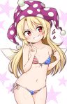  &gt;:) american_flag_bikini bangs bare_arms bare_shoulders bikini blonde_hair blue_bikini blush breasts clownpiece collarbone commentary_request cowboy_shot eyebrows_visible_through_hair fairy_wings flag_print front-tie_bikini front-tie_top grin groin hair_between_eyes hand_up hat head_tilt heart highres jester_cap long_hair looking_at_viewer navel polka_dot polka_dot_hat purple_hat red_bikini red_eyes shiny shiny_skin side-tie_bikini simple_background small_breasts smile solo standing star star_print stomach strap_pull strap_slip striped striped_bikini suwa_yasai swimsuit thighs touhou v v-shaped_eyebrows white_background white_bikini wings 
