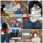  aaron_(artist) andy_porter bulge bus_station butt canine clothing comic dialogue doberman dog english_text green_eyes lagomorph mammal muscular rabbit spanish text 