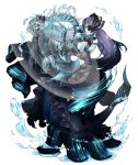  aqua_eyes breasts dark_persona dress elbow_pads empty_eyes fins full_body glowing glowing_eye half-nightmare harp instrument ji_no large_breasts looking_at_viewer mermaid monster_girl navel ningyo_hime_(sinoalice) official_art one_eye_covered pale_skin purple_hair sinoalice skull smile solo sound_wave tattoo transparent_background water 