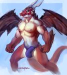  anthro blue_eyes bulge cheetahpaws clothed clothing dragon erection erection_under_clothes horn kemono male muscular nipples penis_outline scalie slit_pupils solo topless underwear wings 