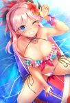  alternate_costume asymmetrical_hair bikini blue_eyes bracelet breasts collarbone earrings fate/grand_order fate_(series) flower hair_flower hair_ornament highres jewelry large_breasts leaf_print looking_at_viewer magatama magatama_necklace miyamoto_musashi_(fate/grand_order) multicolored multicolored_bikini multicolored_clothes navel one_eye_closed pink_hair ponytail red_flower samoore side-tie_bikini sitting smile solo storms_and_waves surfboard swimsuit 