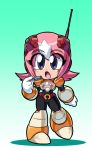  1girl android bangs blue_bakcground blue_eyes capcom chibi eyebrows_visible_through_hair full_body gradient gradient_background headgear headset multicolored_hair pink_hair rcasedrawsstuff rockman rockman_x rockman_x_command_mission short_hair simple_background solo two-tone_hair white_hair 