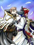  anthro clothing code_geass cosplay dragon duo eye_contact feathers hand_holding hi_res male male/male nameless00 romantic_couple scalie 