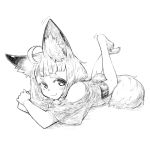  ahoge animal_ear_fluff animal_ears bangs barefoot bike_shorts fox_ears fox_girl_(jaco) fox_tail full_body greyscale jaco legs_up long_hair looking_at_viewer lying monochrome on_stomach original shirt shorts shoulder_cutout simple_background smile solo tail thick_eyebrows white_background 